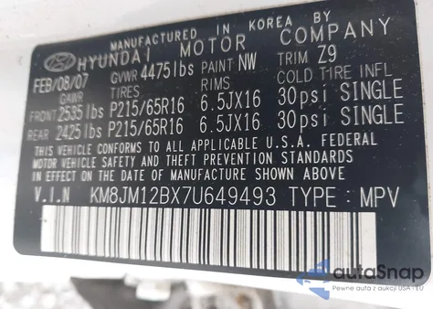 2007 Hyundai Tucson Gls from USA, damaged, VIN KM8JM12BX7U649493